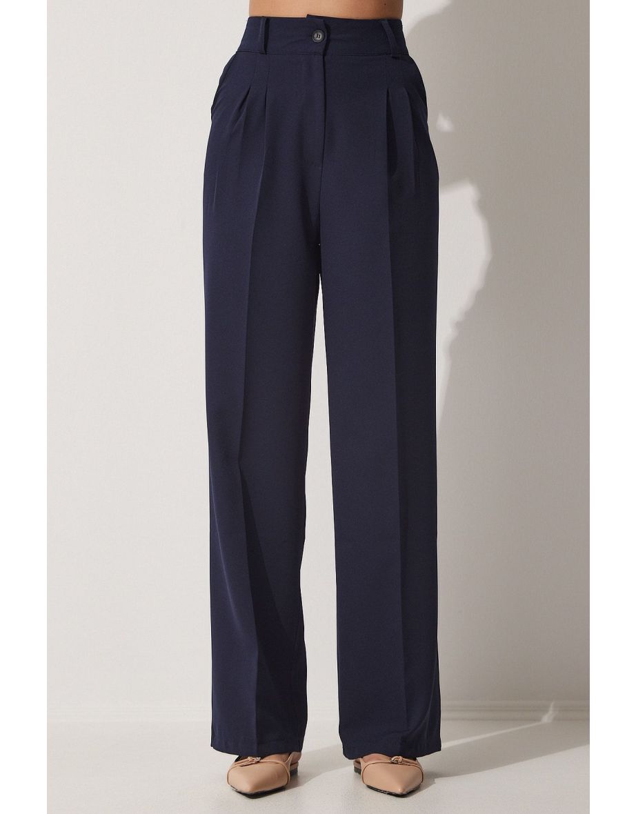 Women's Navy Blue Wide Leg Masculine Woven Pants - 3