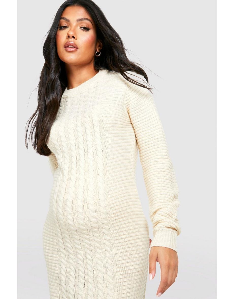 Maternity Cable Knit Knitted Midi Dress - oatmeal - 3