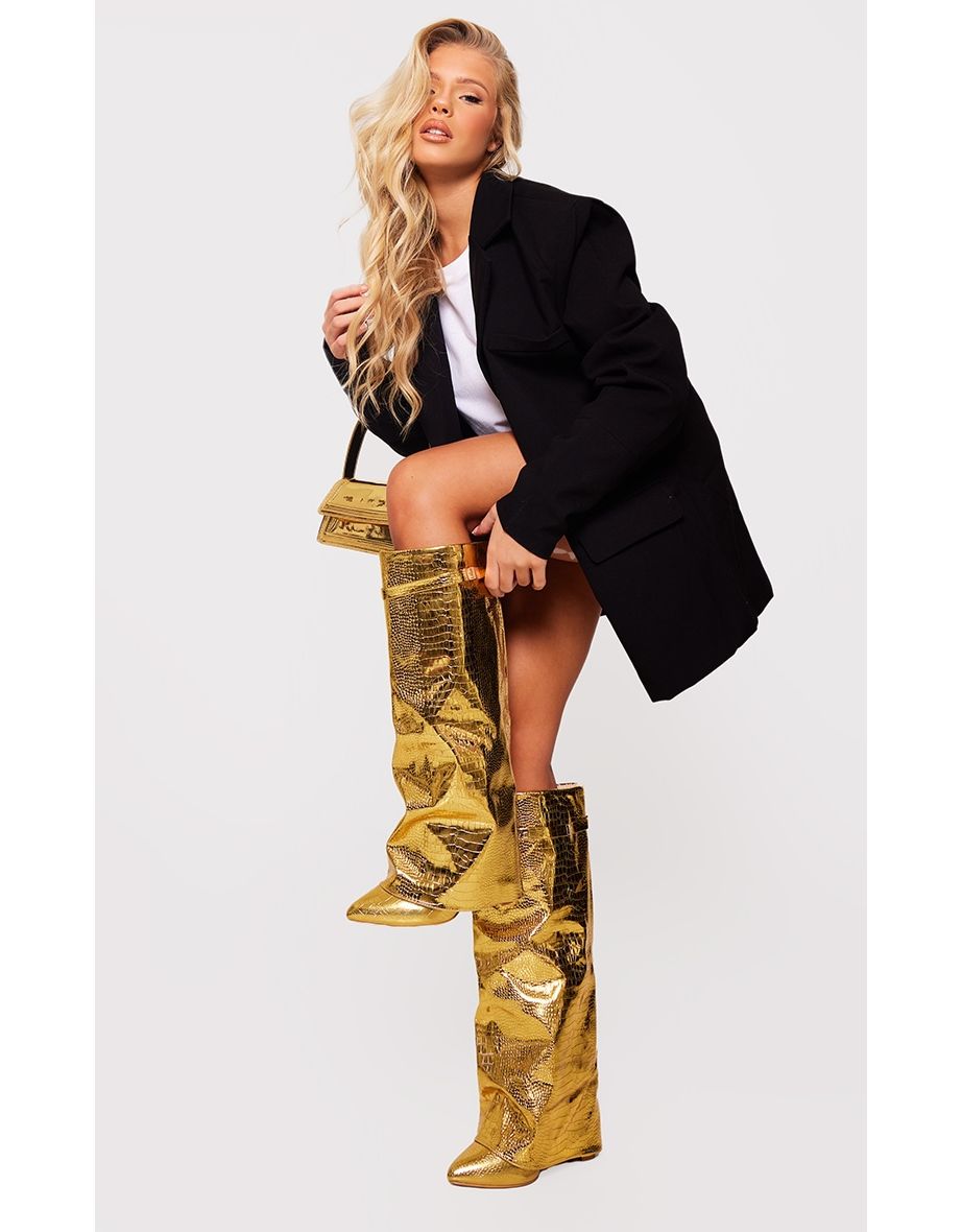 Gold Metallic Pu Fold Over Knee Block Heeled Boots
