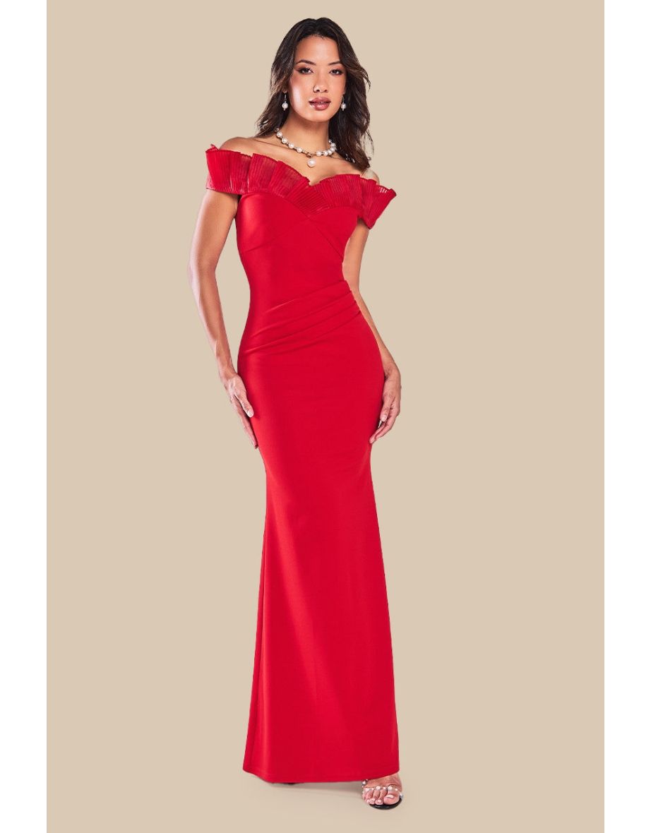 Goddiva Fan Pleated Bardot Scuba Crepe Maxi - Red