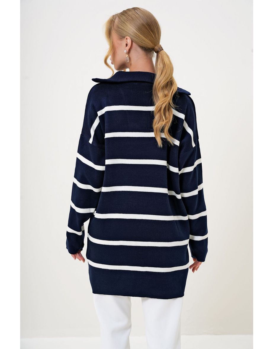 Women's Navy Blue Turtleneck Zipper Detailed Striped Knitwear Sweater Tunic - 4
