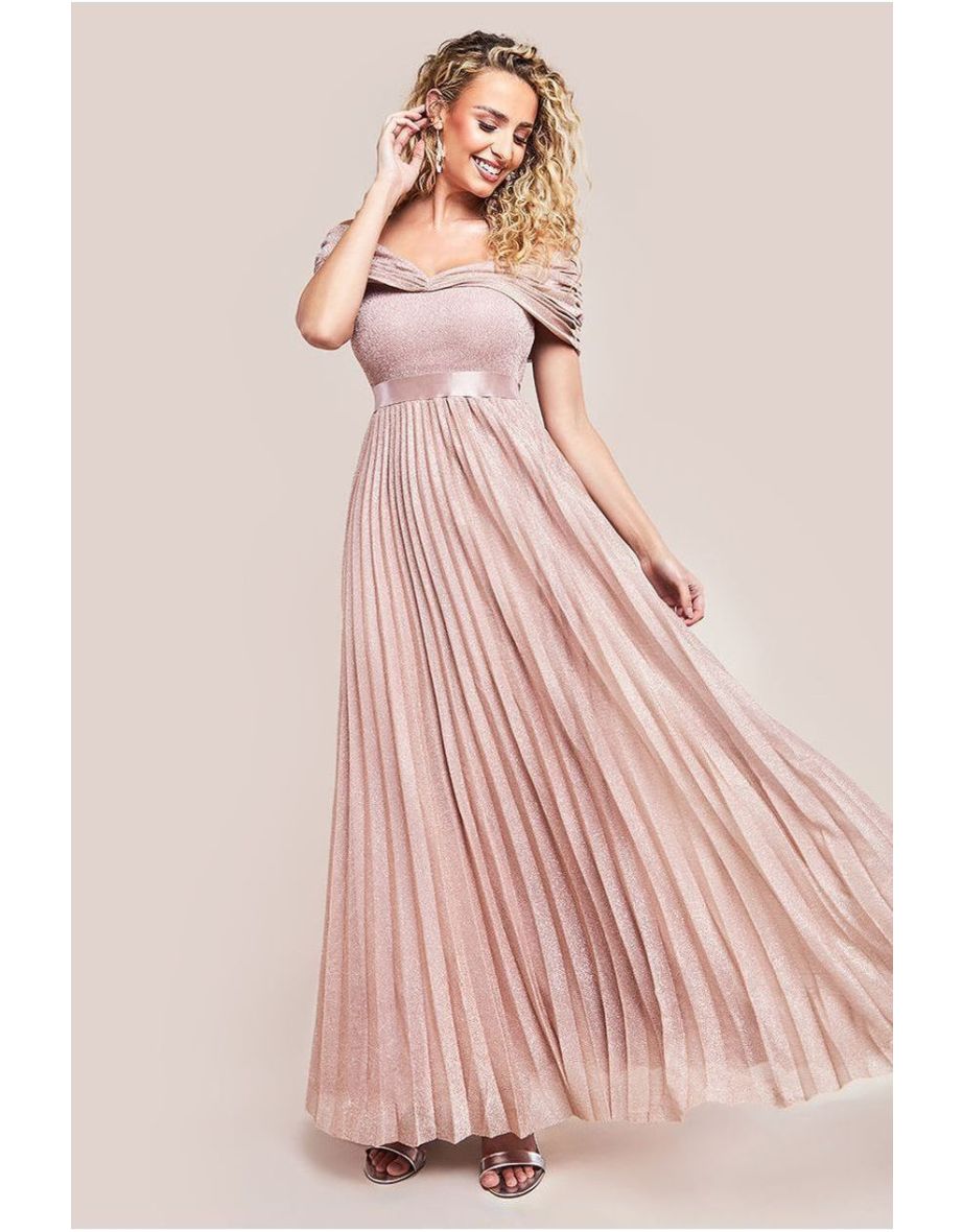 Goddiva Bardot Pleated Skirt Maxi Dress - 4