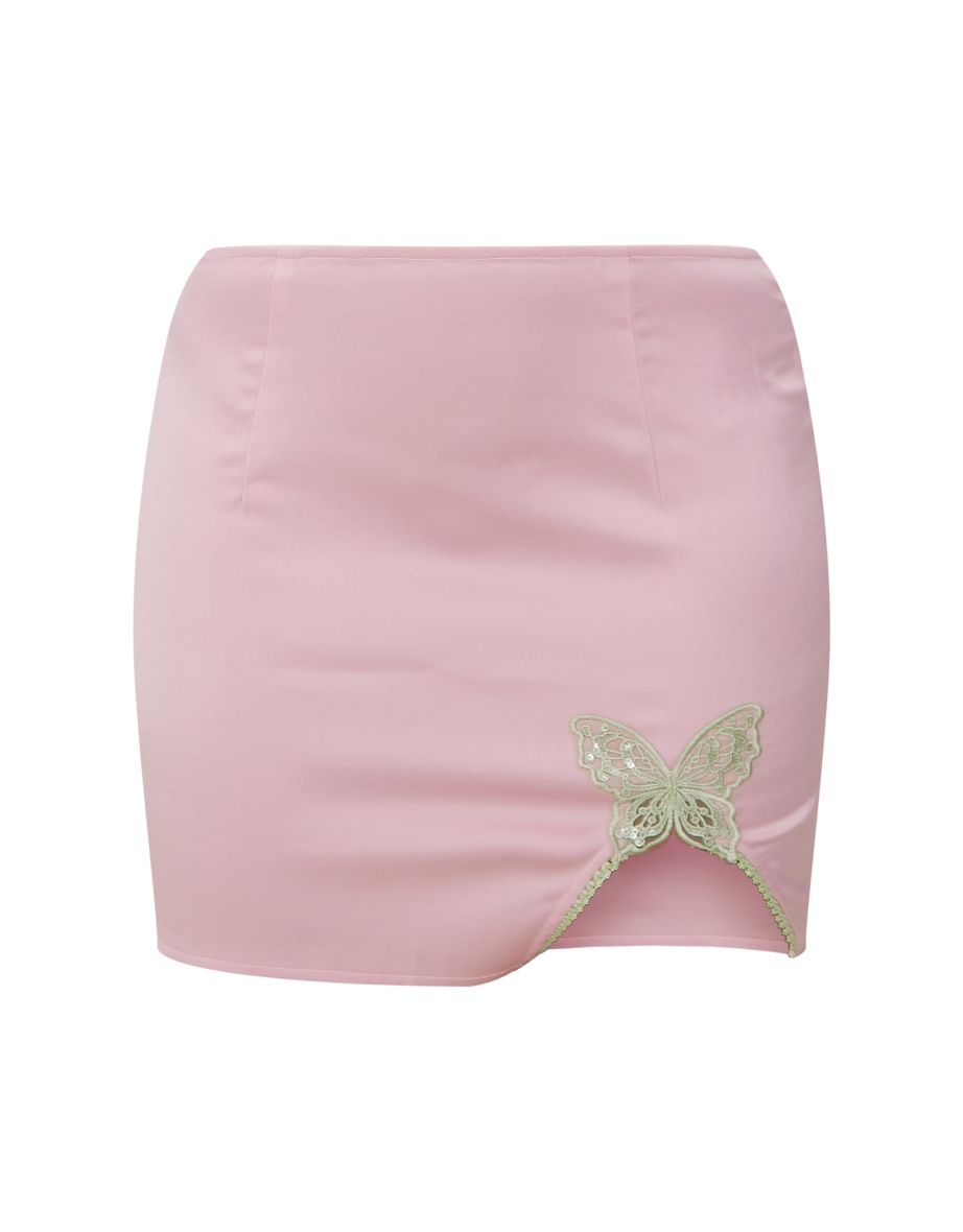 Pink Ombre Printed Satin Butterfly Trim Mini Skirt - 5
