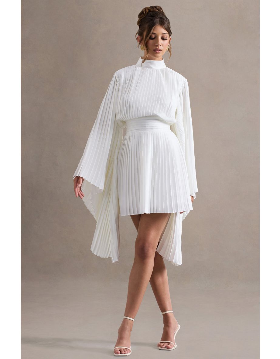 Charity | White Pleated High-Neck Skater Mini Dress With Cape Sleeves - 4