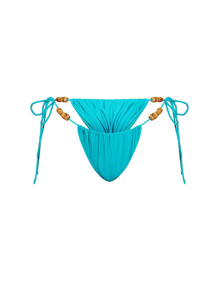 Teal Wooden Bead Ruched Tanga Bikini Bottoms - 4