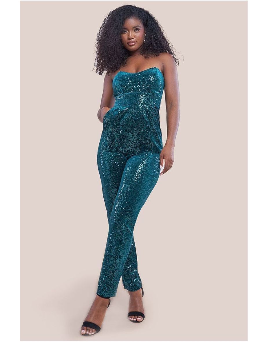 Goddiva Sequin & Velvet Corset Jumpsuit - Emerald Green