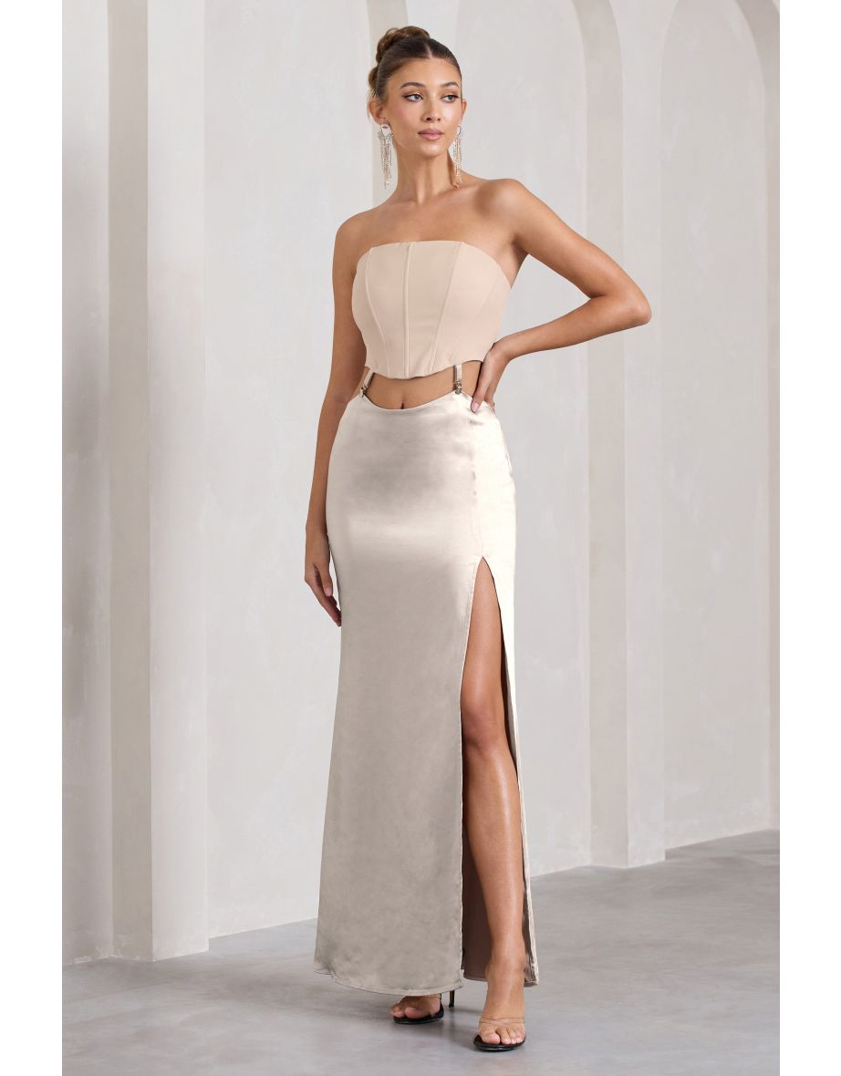 Champagne Showers | Nude Satin Strapless Split Maxi Dress - 4