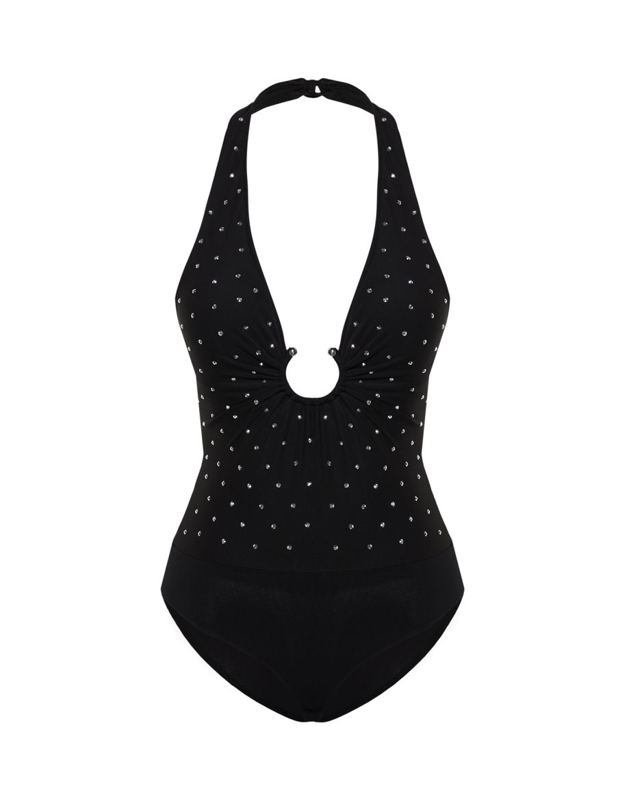 Black Shiny Stone Accessory Bodysuit - 7