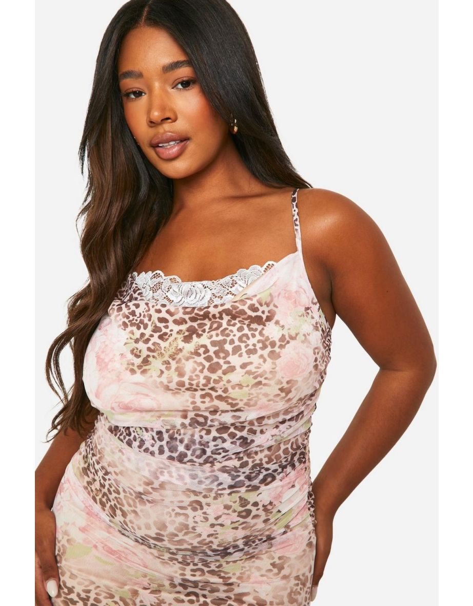Plus Mesh Leopard Print Lace Detail Maxi Dress - 3