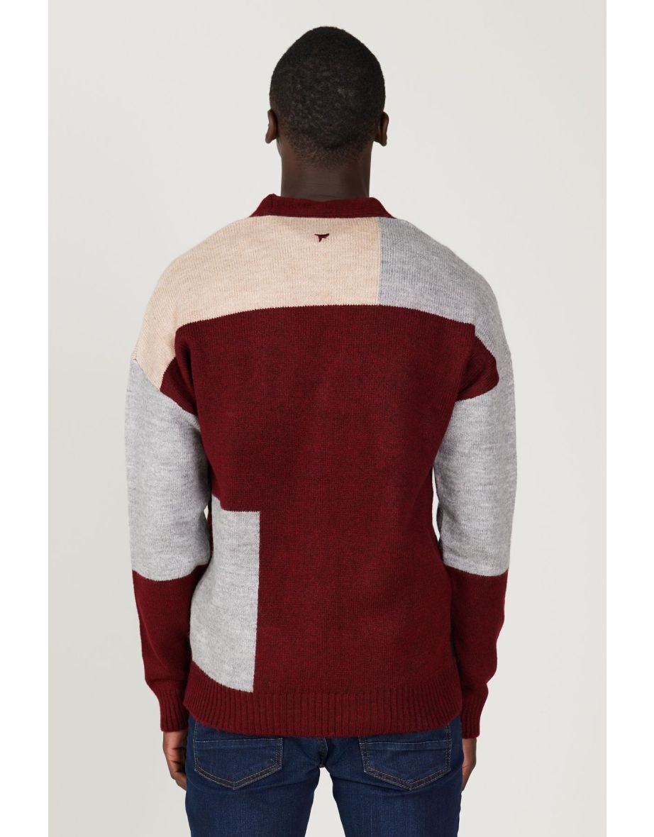 Men's Burgundy-gray Standard Fit Regular Cut V-neck Ruffled Soft Textured Knitwear Cardigan - 5