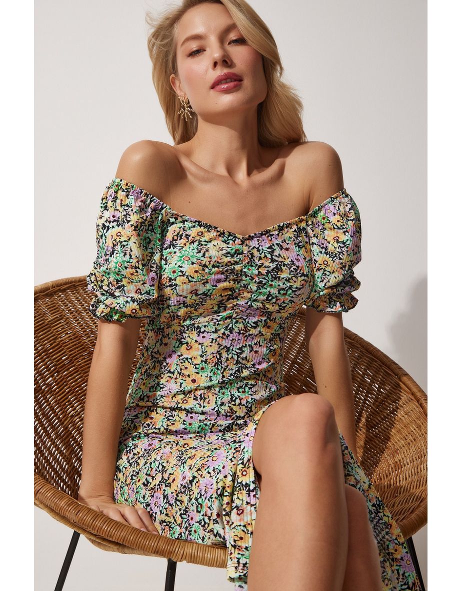 Women's Yellow Black Elastic Carmen Collar Viscose Summer Dress