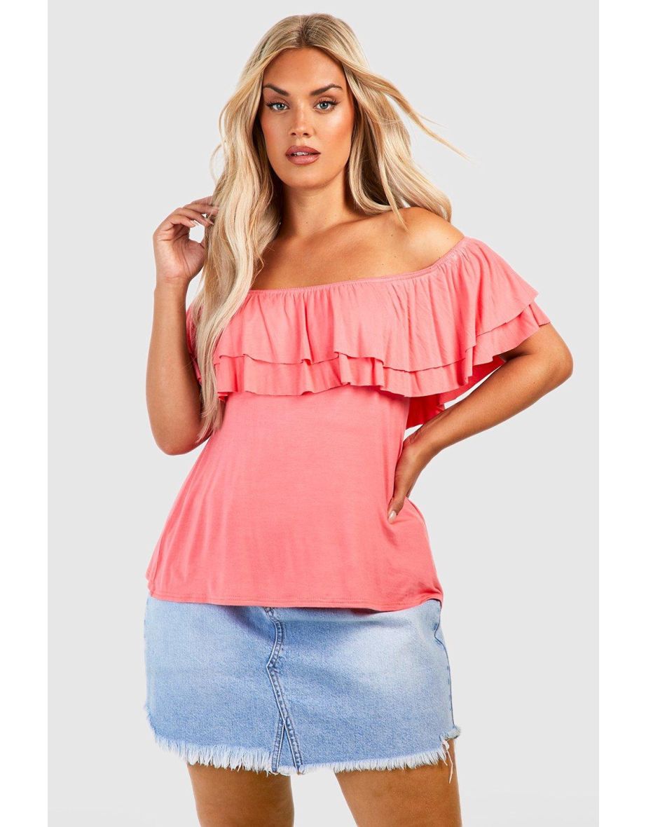 Plus Ruffle Bardot Top - coral