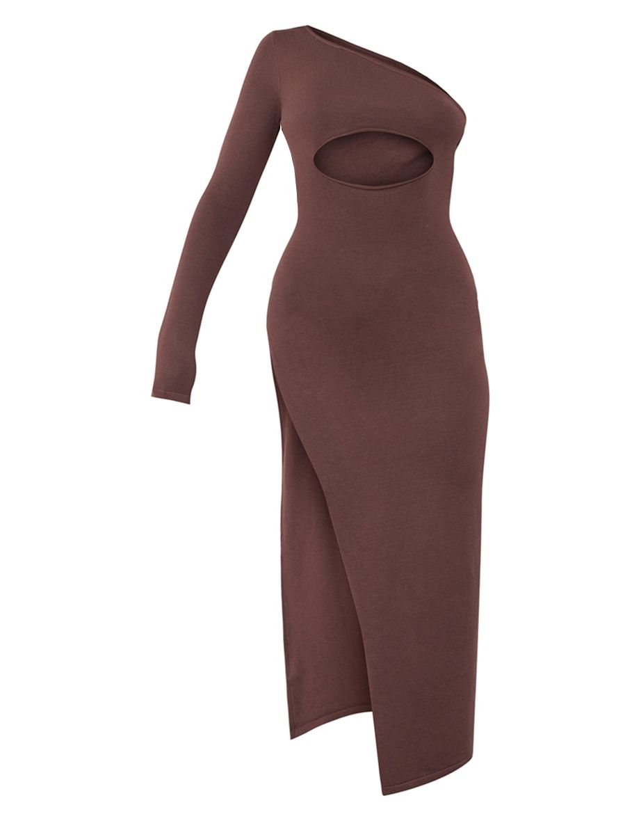 Chocolate One Shoulder Knit Maxi Dress - 4