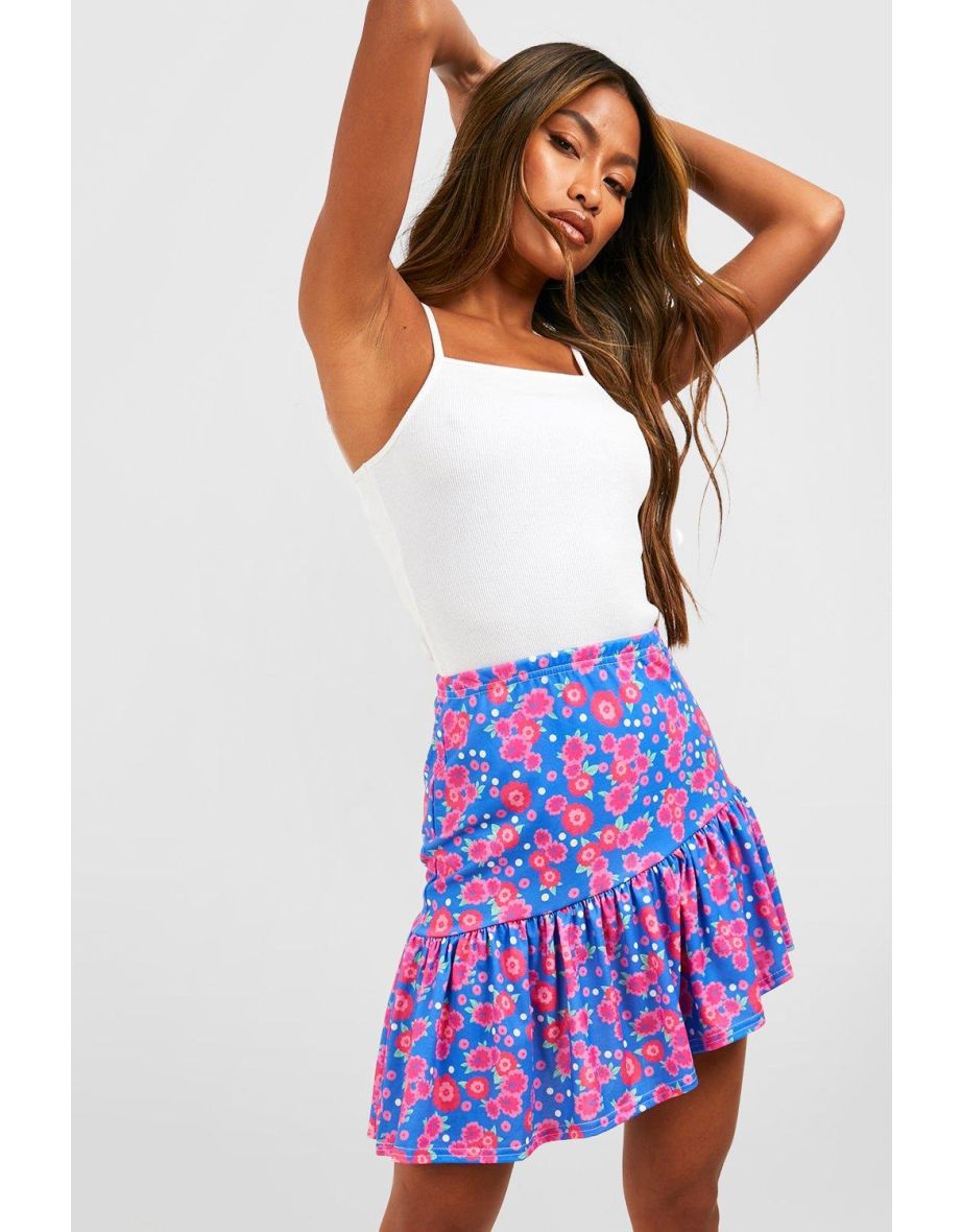 Floral Ruffle Hem Mini Skirt - blue - 3