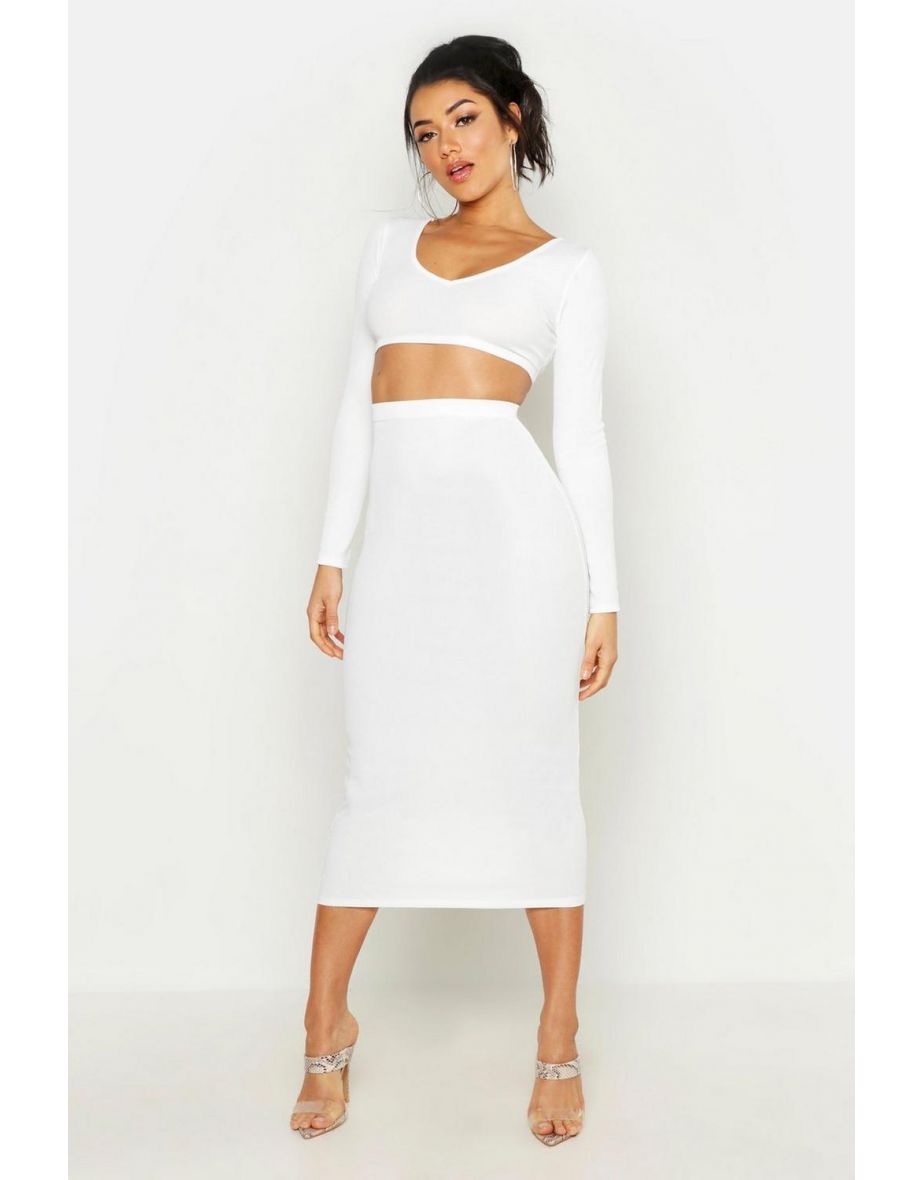 Long Sleeve Crop & Midaxi Skirt Rib Co-Ord - ivory