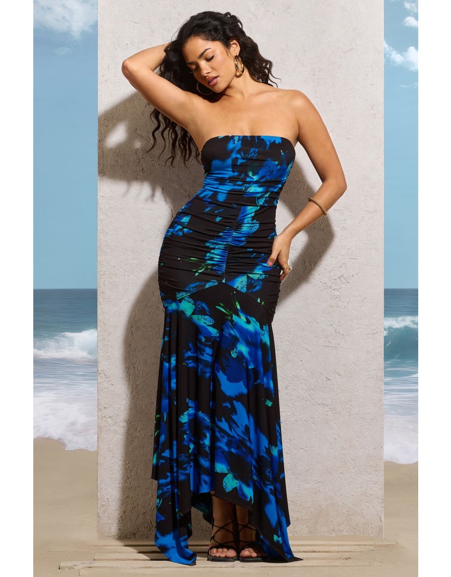 Shop Florianne Navy Floral Print Ruched Bandeau Maxi Dress Online in Qatar VogaCloset