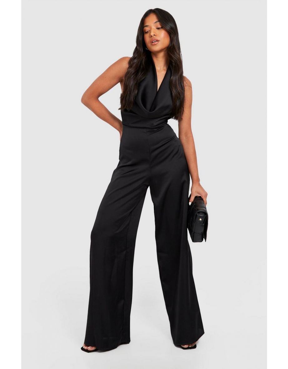 Petite Cowl Neck Satin Open Back Jumpsuit - black - 3