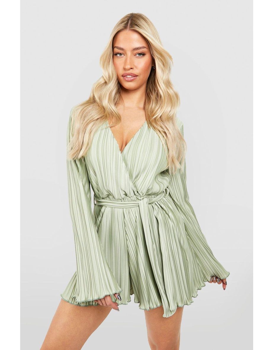 Wide Plisse Wrap Flare Sleeve Playsuit - green