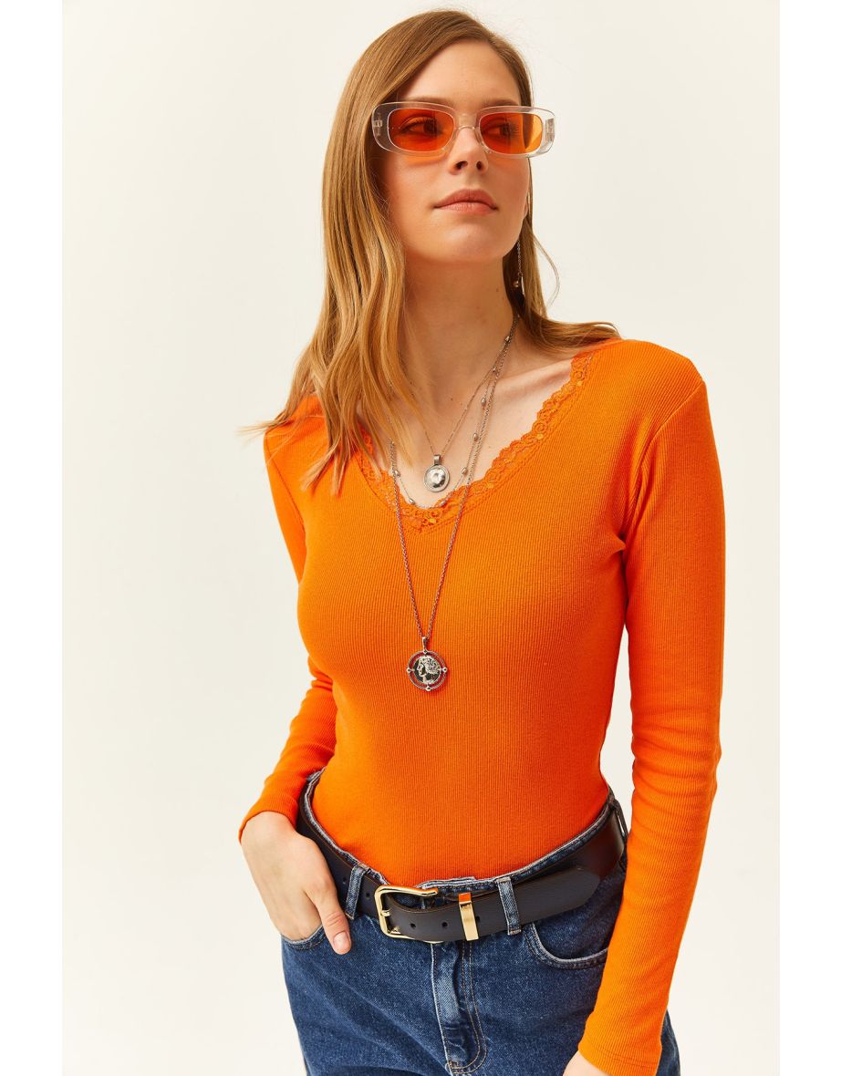 Women's Orange Collar Lace V-Neck Camisole Knitted Blouse