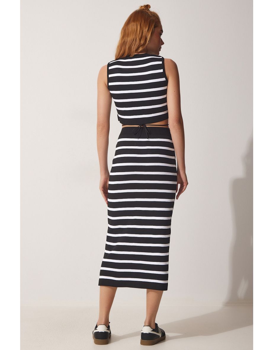 Women's Black and White Striped Crop Summer Skirt Sweater Suit - 4