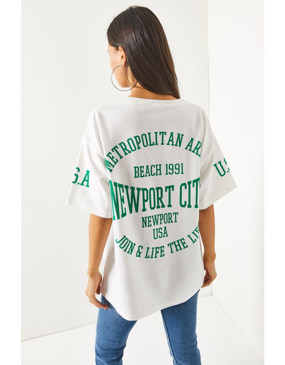 Women's Newport White Front Back Printed 2 Threads Unisex Oversized T-Shirt - 4