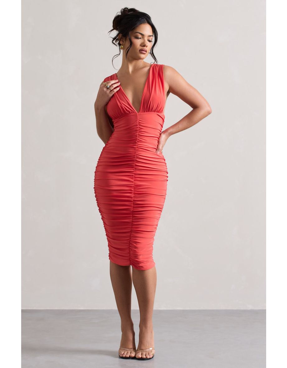 Attract | Coral Ruched Plunge-Neck Dress - 4
