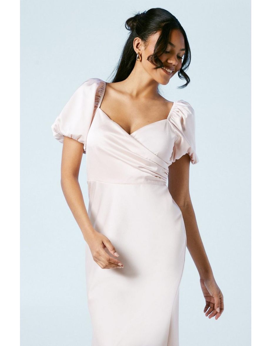 Puff Sleeve Satin Wrap Top Bridesmaids Dress - 3