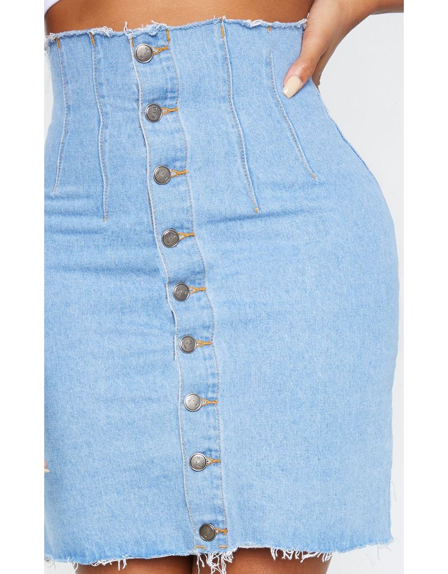 Shape Light Wash Button Front Seam Detail Denim Skirt - 5