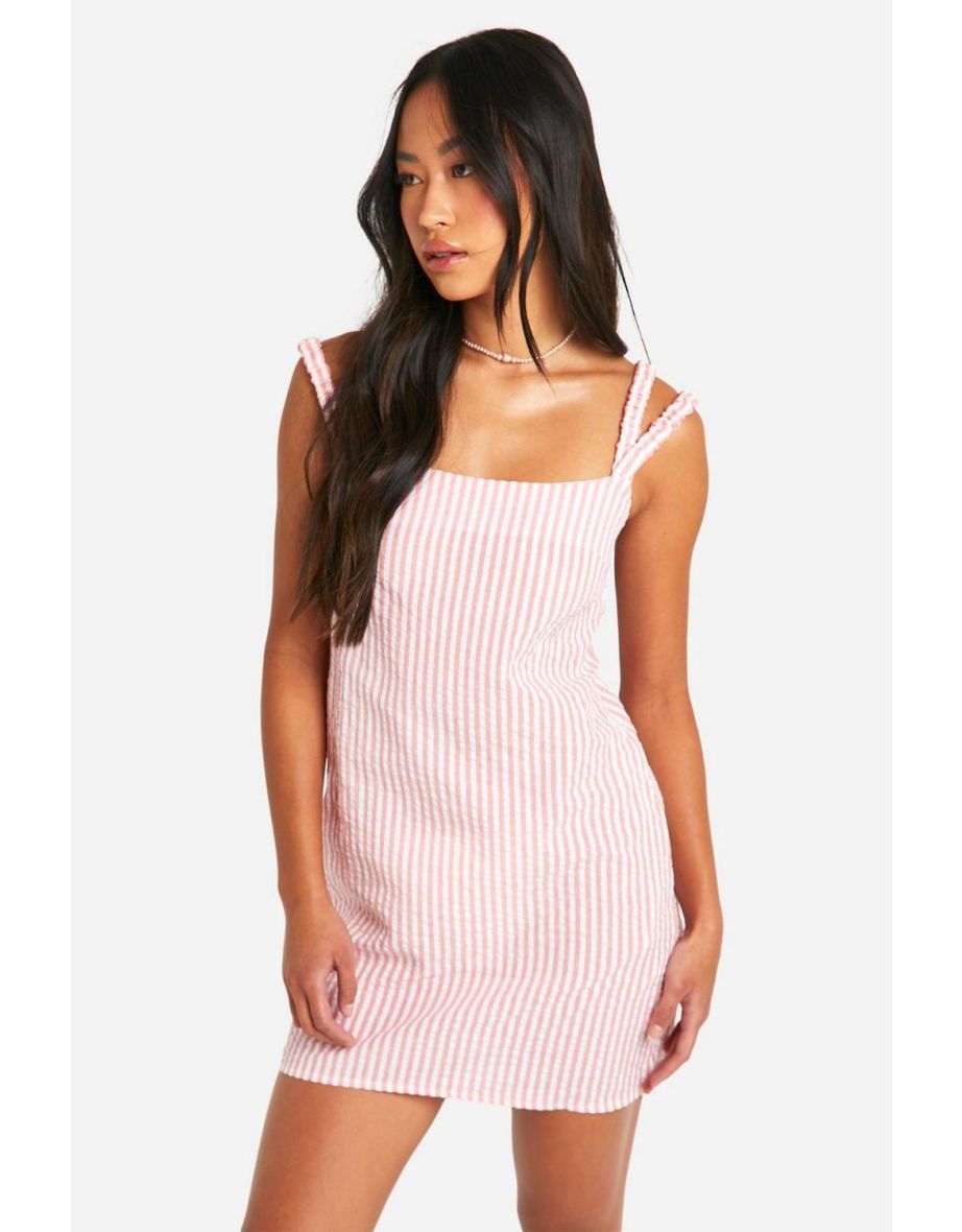 Stripe Seersucker Open Back Beach Dress - coral