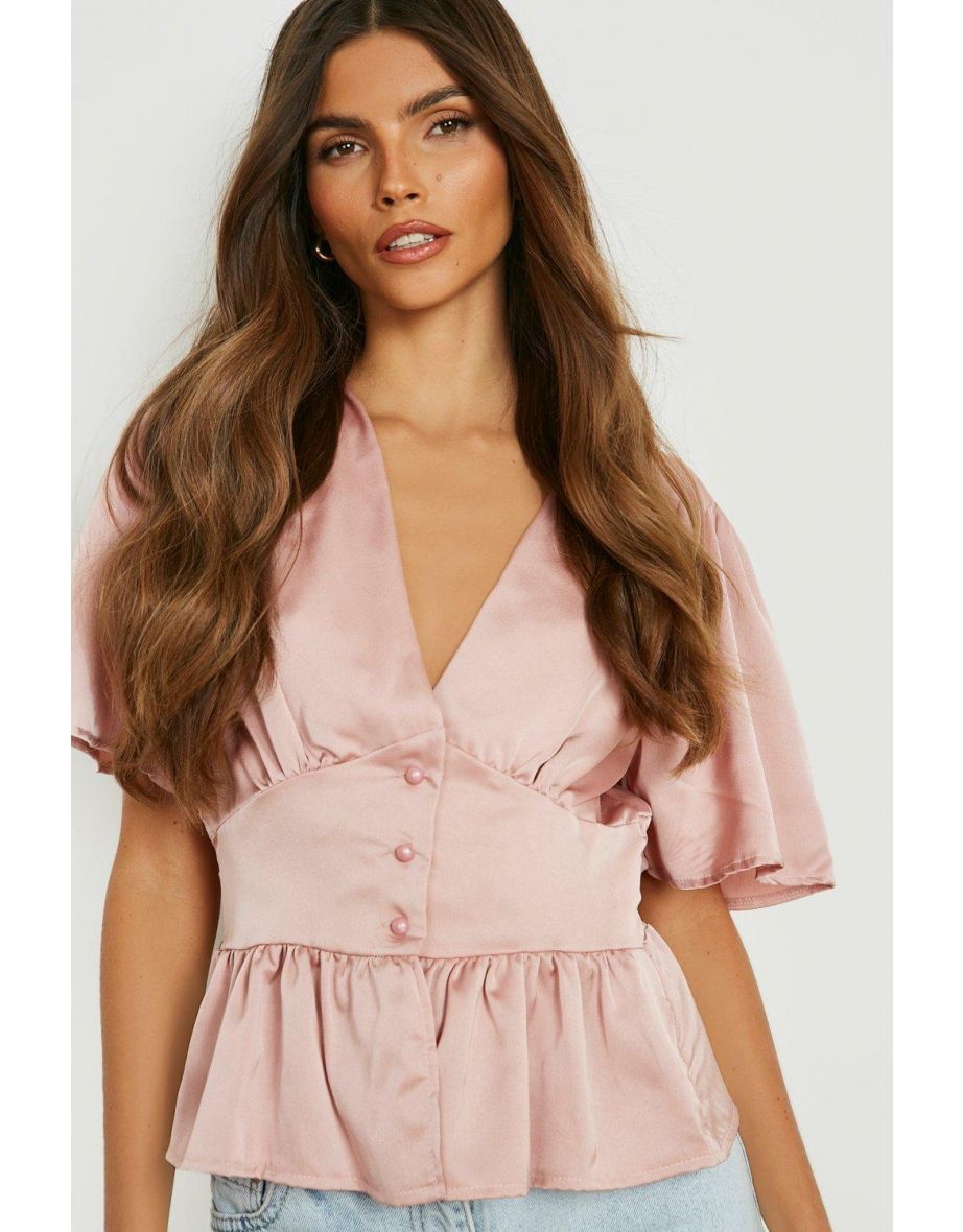 Satin Button Front Peplum Top - rose