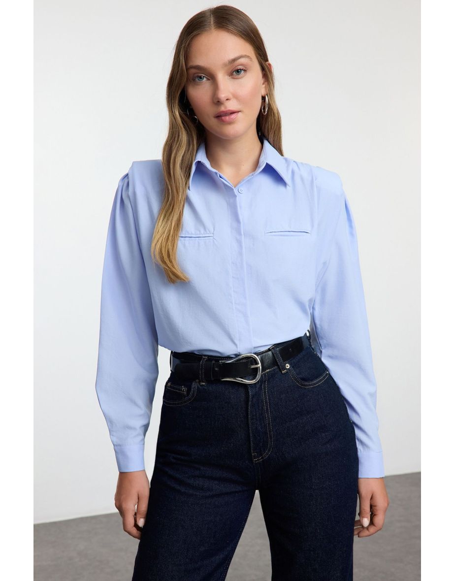 Blue Padding Detailed Oversize Wide Fit Shirt