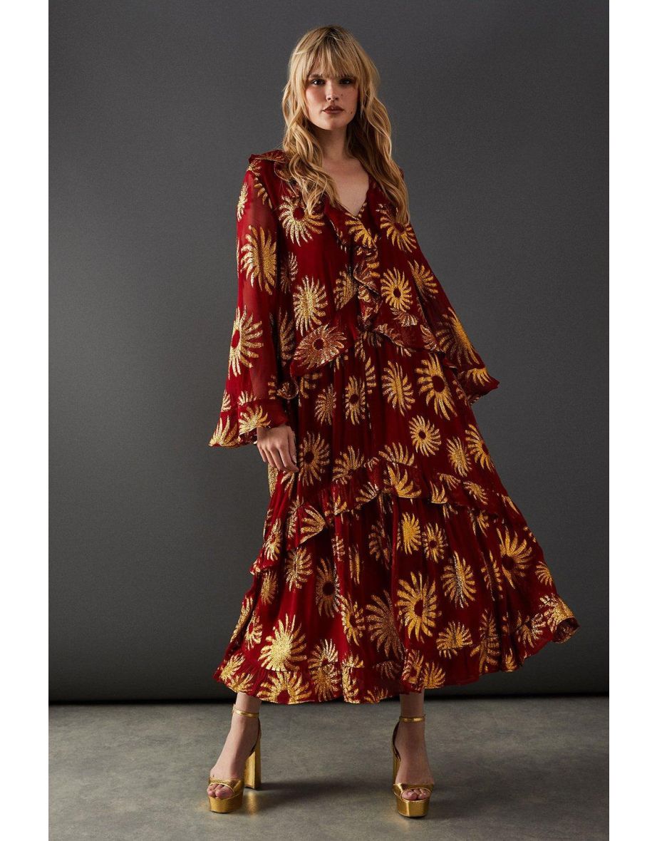 Sun Metallic Jacquard Frill Front Smock Midi Dress