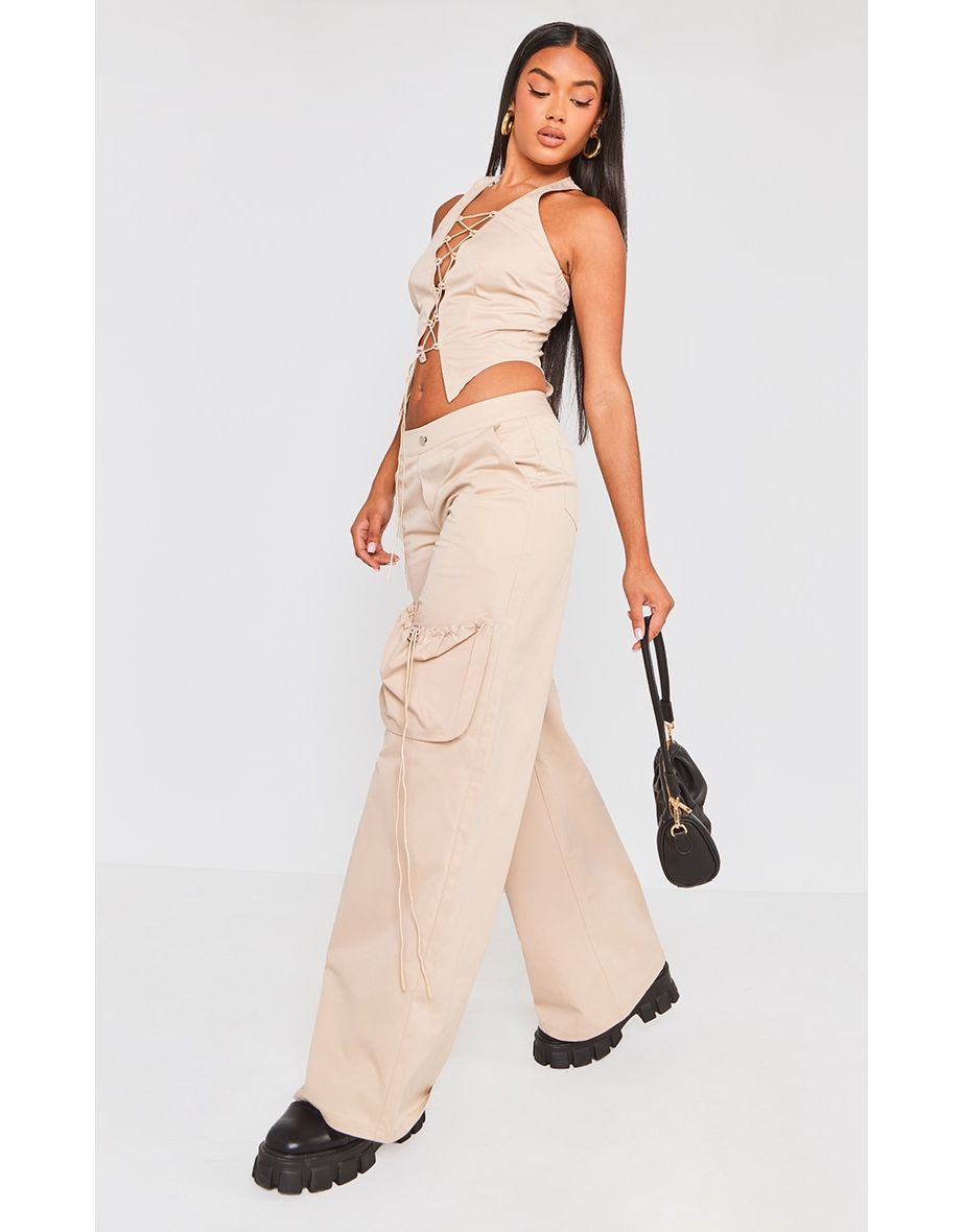 Stone Pocket Detail Halterneck Lace Up Cargo Jumpsuit