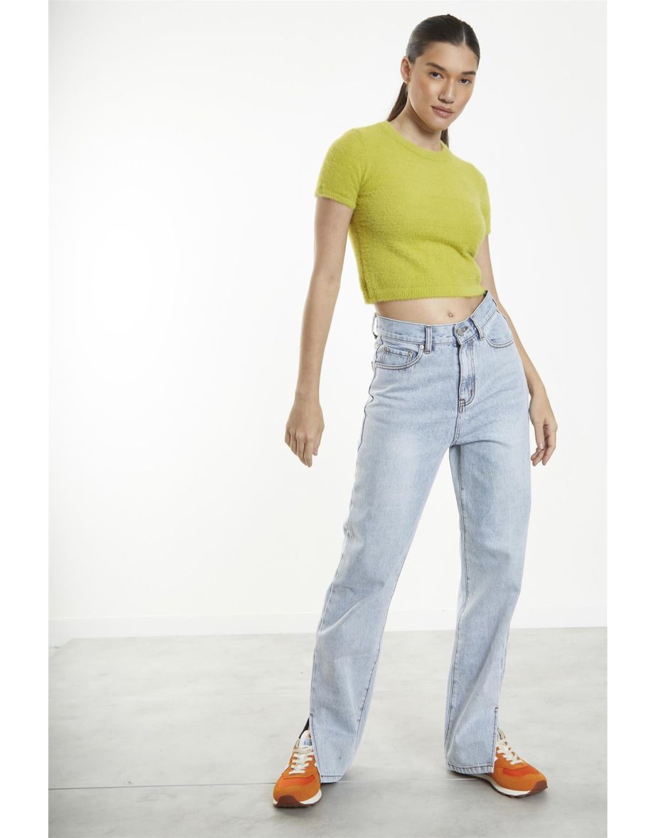 Light Vintage Wash Split-Hem Mom-Jeans