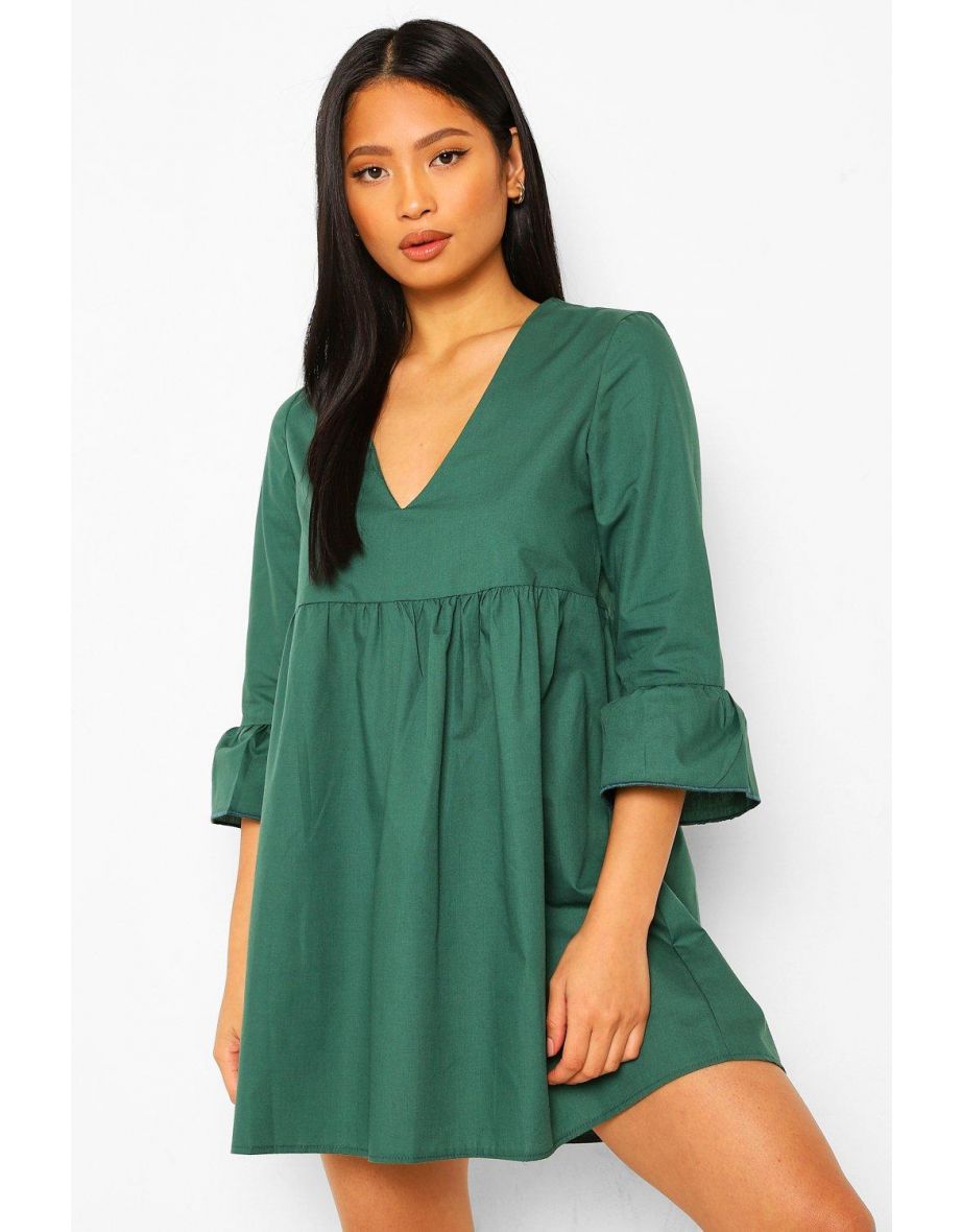 Petite V Neck Smock Dress - olive