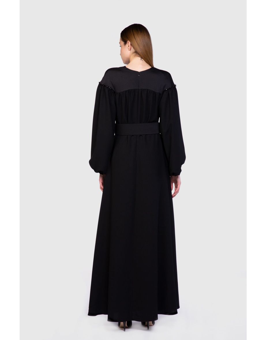 Contrast Fabric and Beaded Embroidered Black Evening Dress - 2
