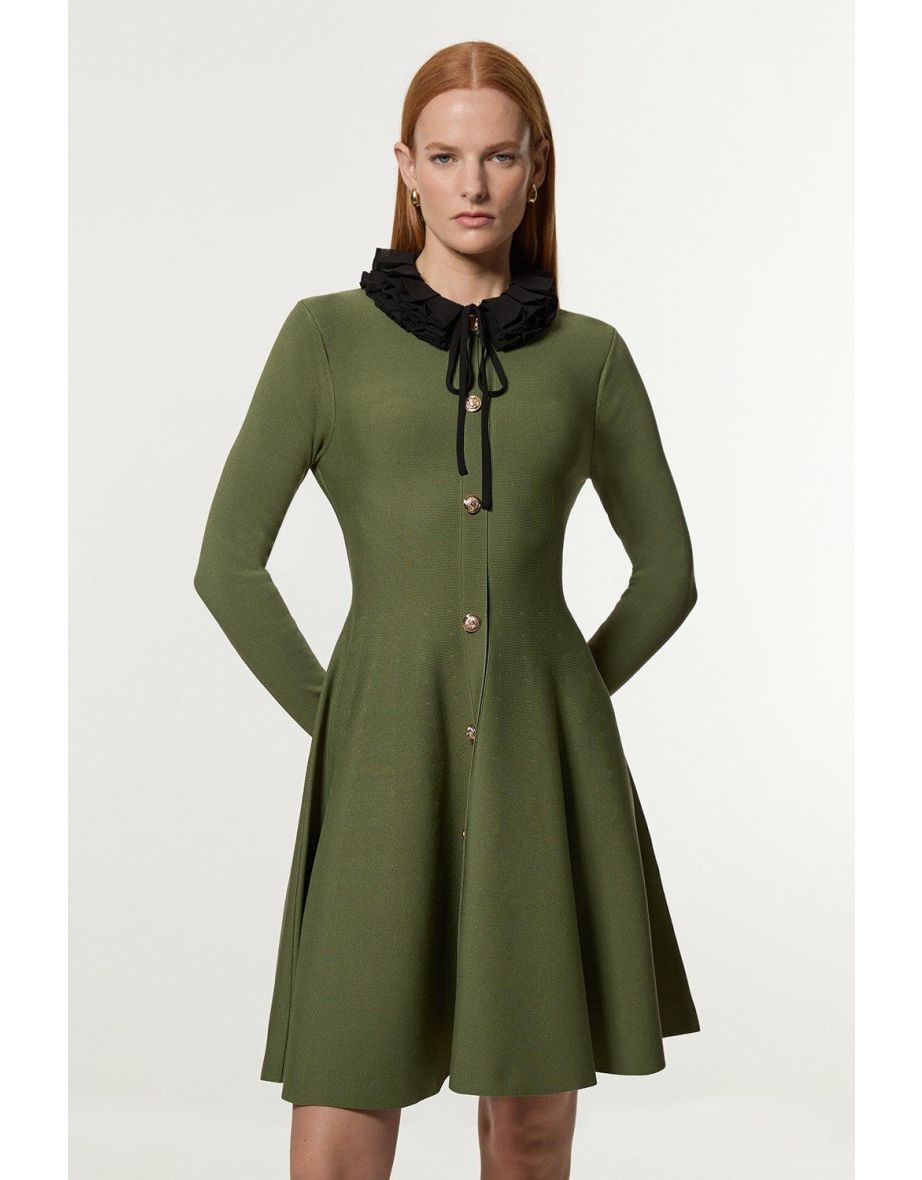 Military Trim Woven Collar Knit Skater Dress