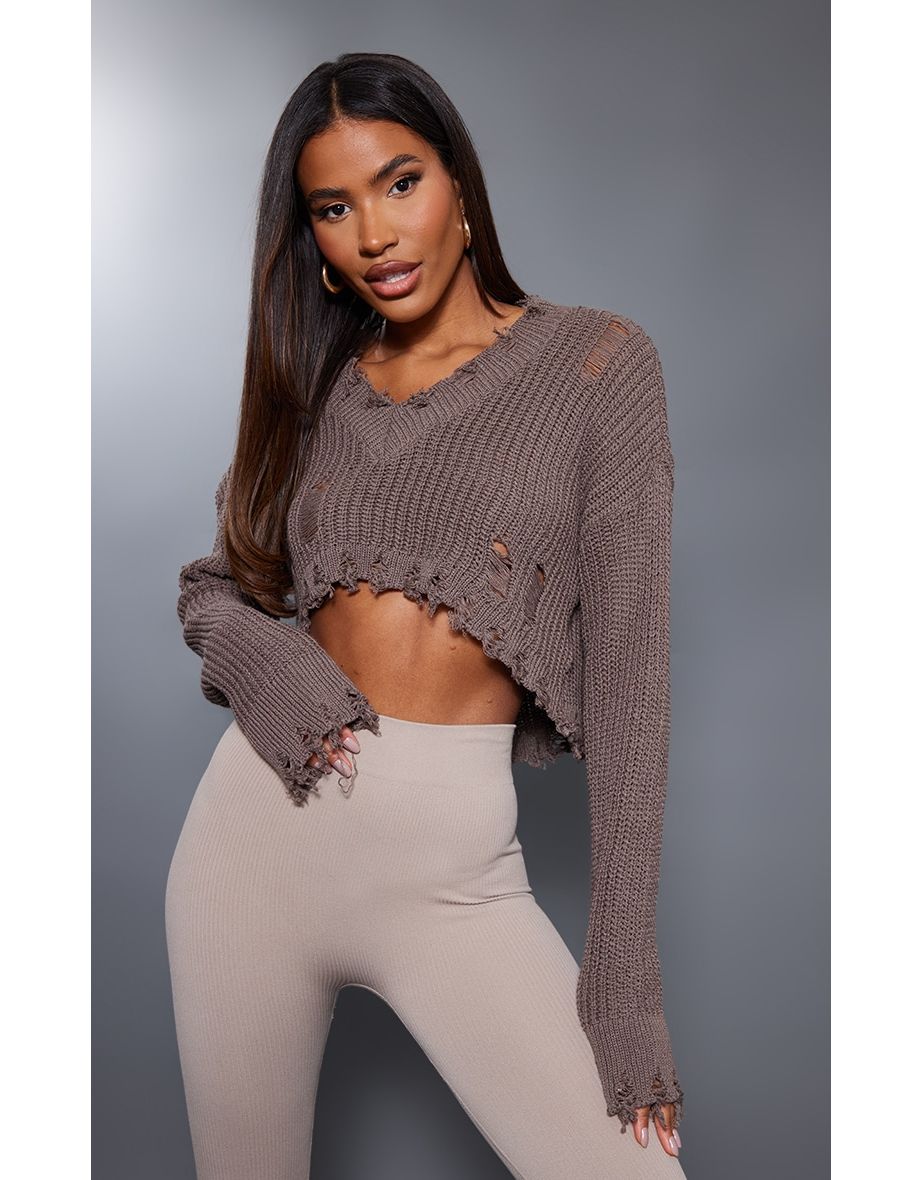 Beige Extreme Cropped Knitted Sweater