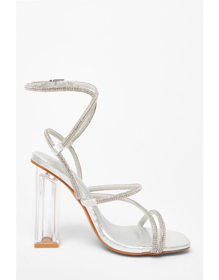 Wide Fit Silver Diamante Heeled Sandals - 4