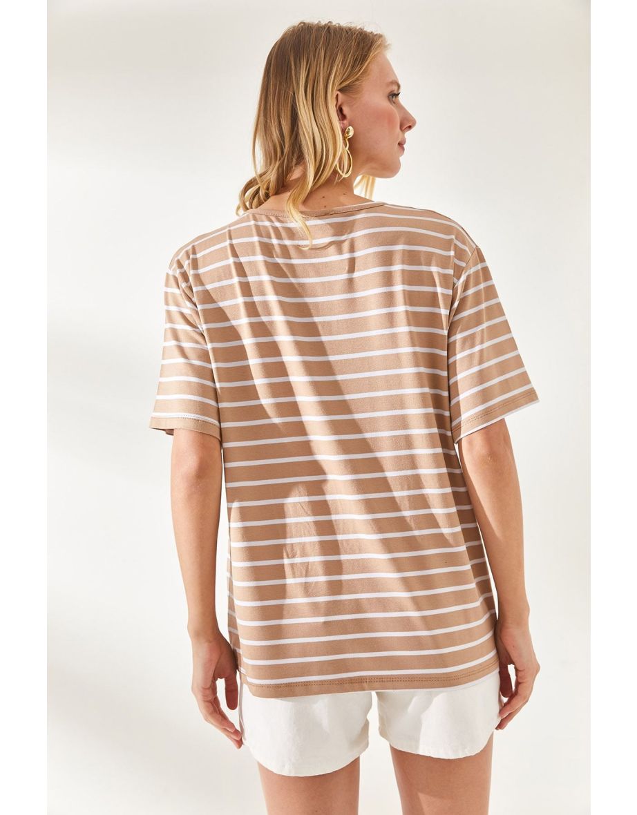 Women's Camel Striped Casual T-Shirt - 5