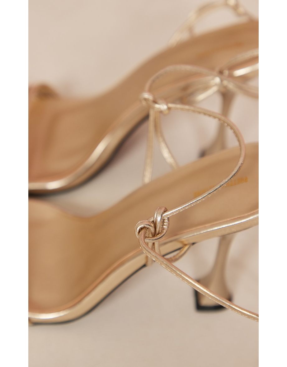 Gold Pu Square Toe Triple Strap Lace Up Mid Heeled Sandals - 3