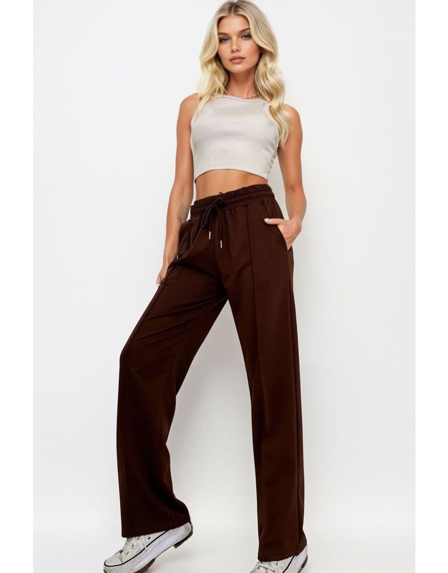 Women's Brown High Waist Front Turned Wide Leg Double Pocket Sweatpants
