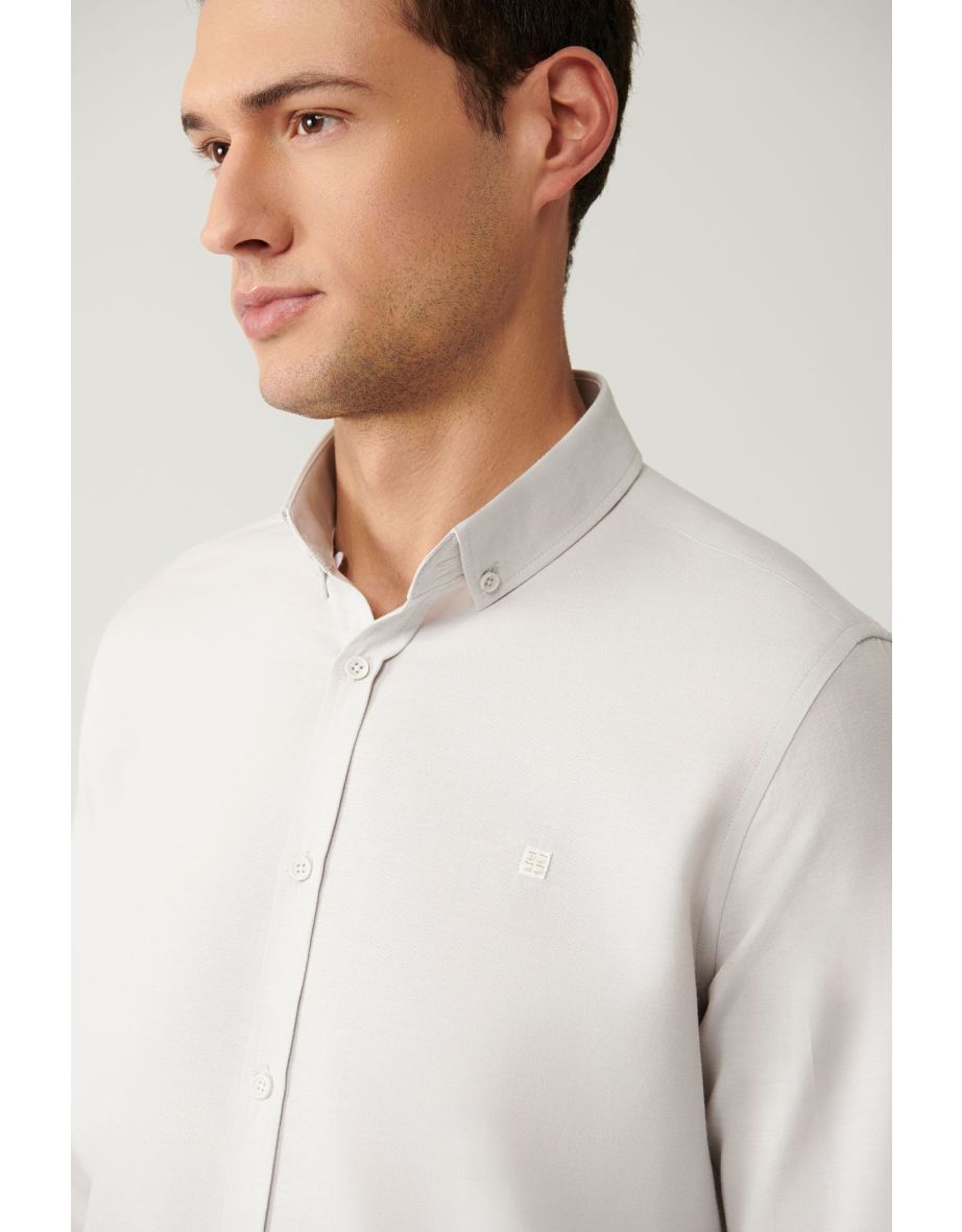 Men's Gray Button Collar Easy-Iron Oxford Cotton Regular Fit Shirt - 4