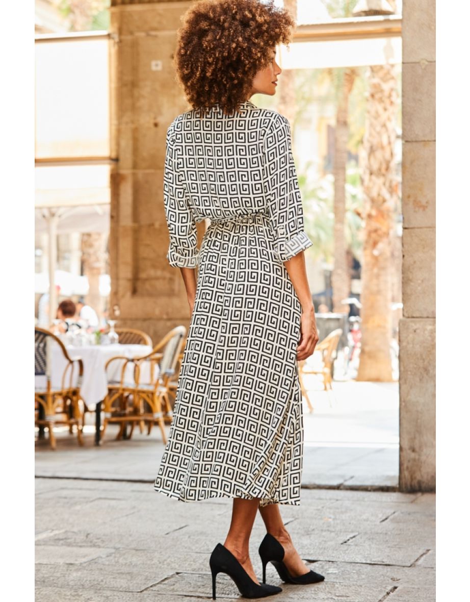 White & Black Geometric Print Midi Shirt Dress - 4