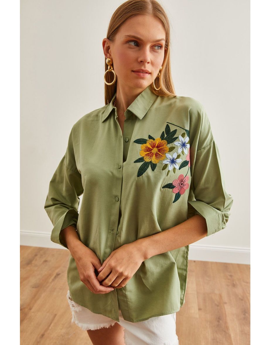 Women's Floral Mold Green Embroidery Detailed Oversize Woven Shirt - 5