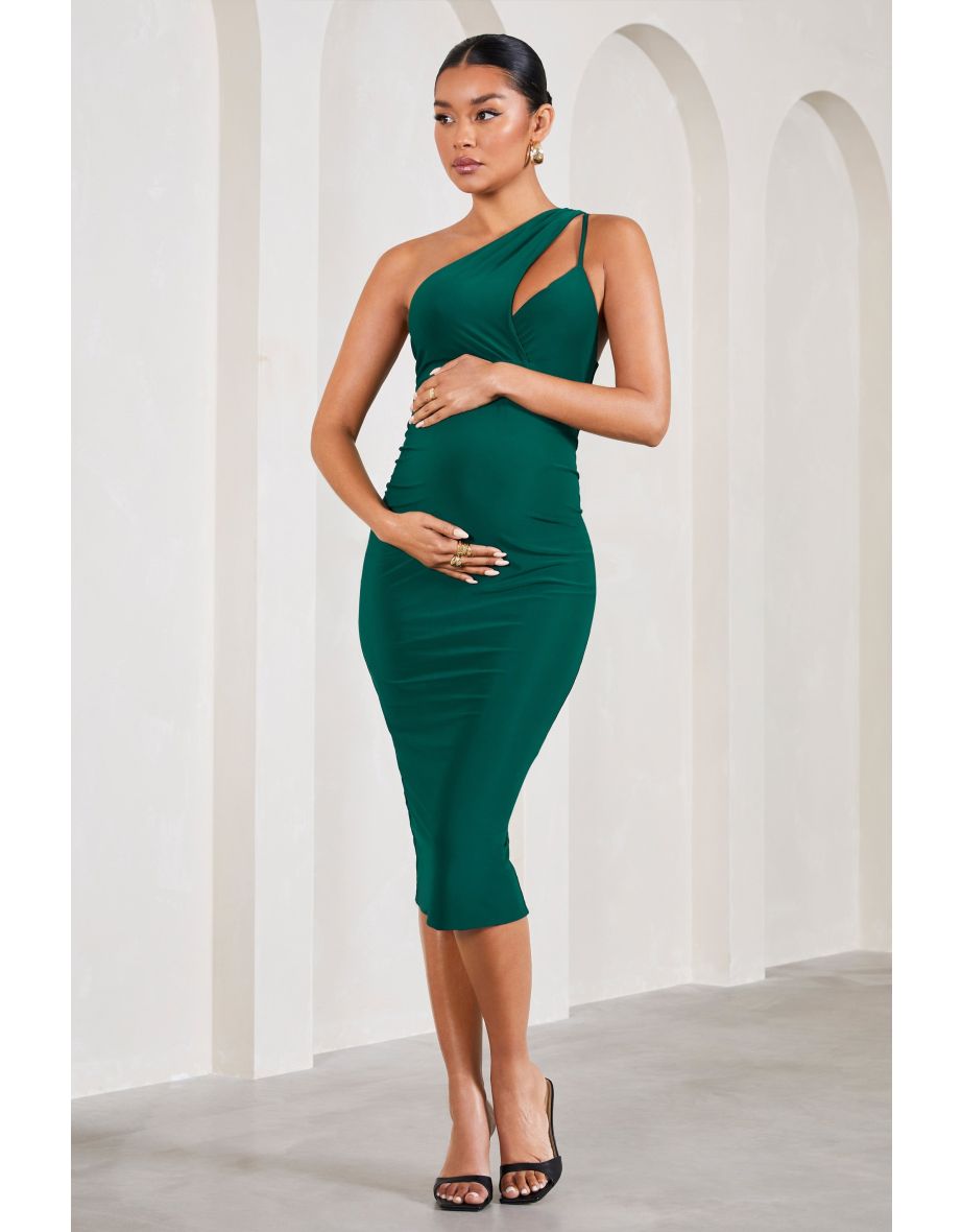 Shop Abigail Bottle Green Sleeveless Asymmetric Maternity Midi Dress Online in Bahrain VogaCloset