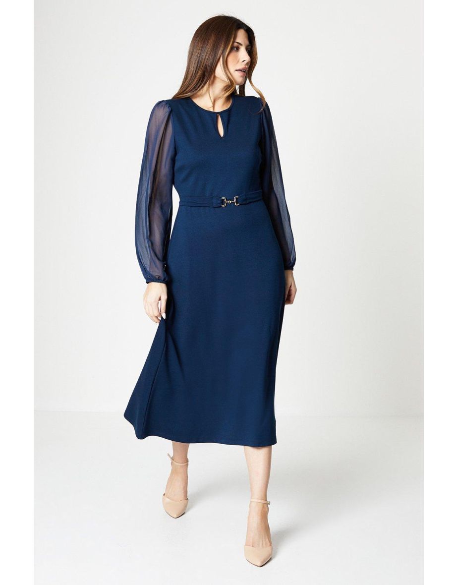 Navy A-Line Midi Dress with Long Sleeve