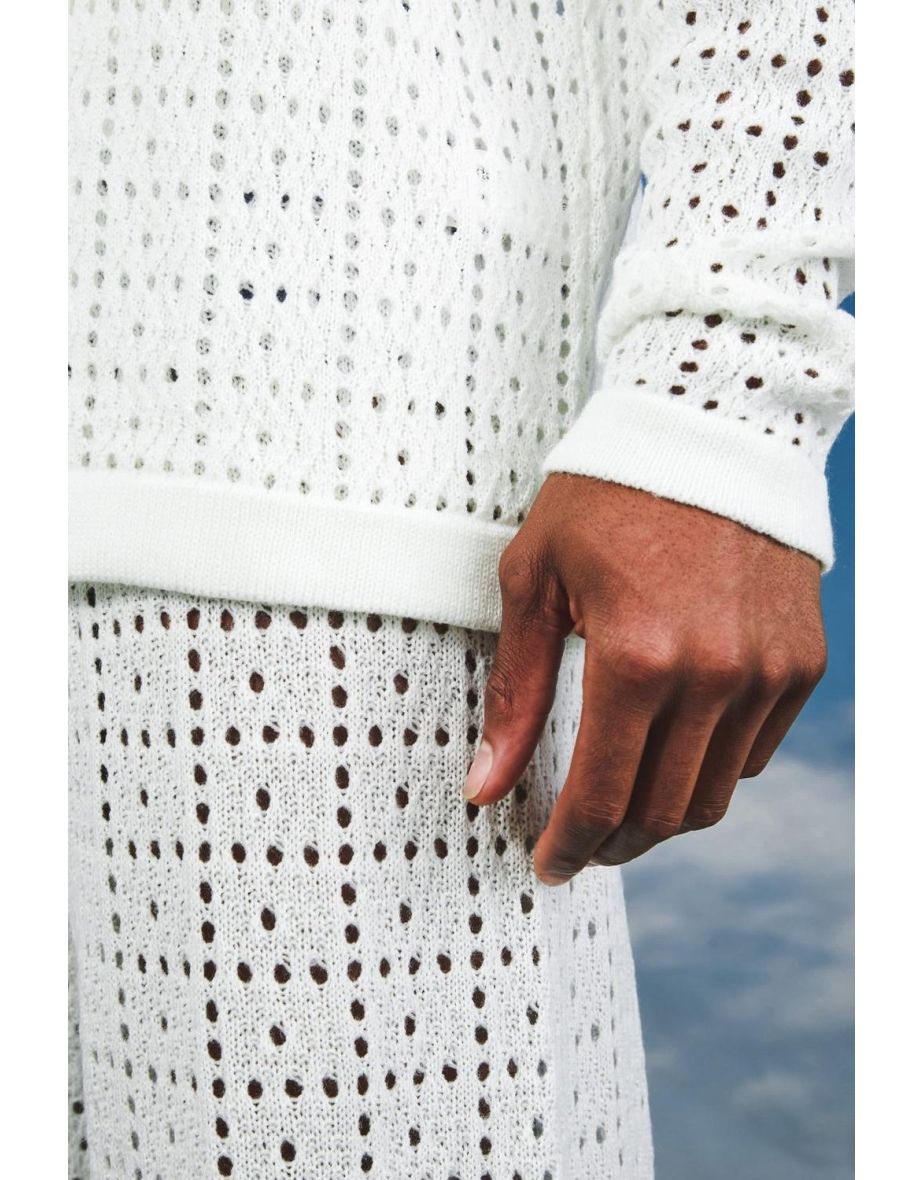Relaxed Fit Crochet Trousers - white - 2