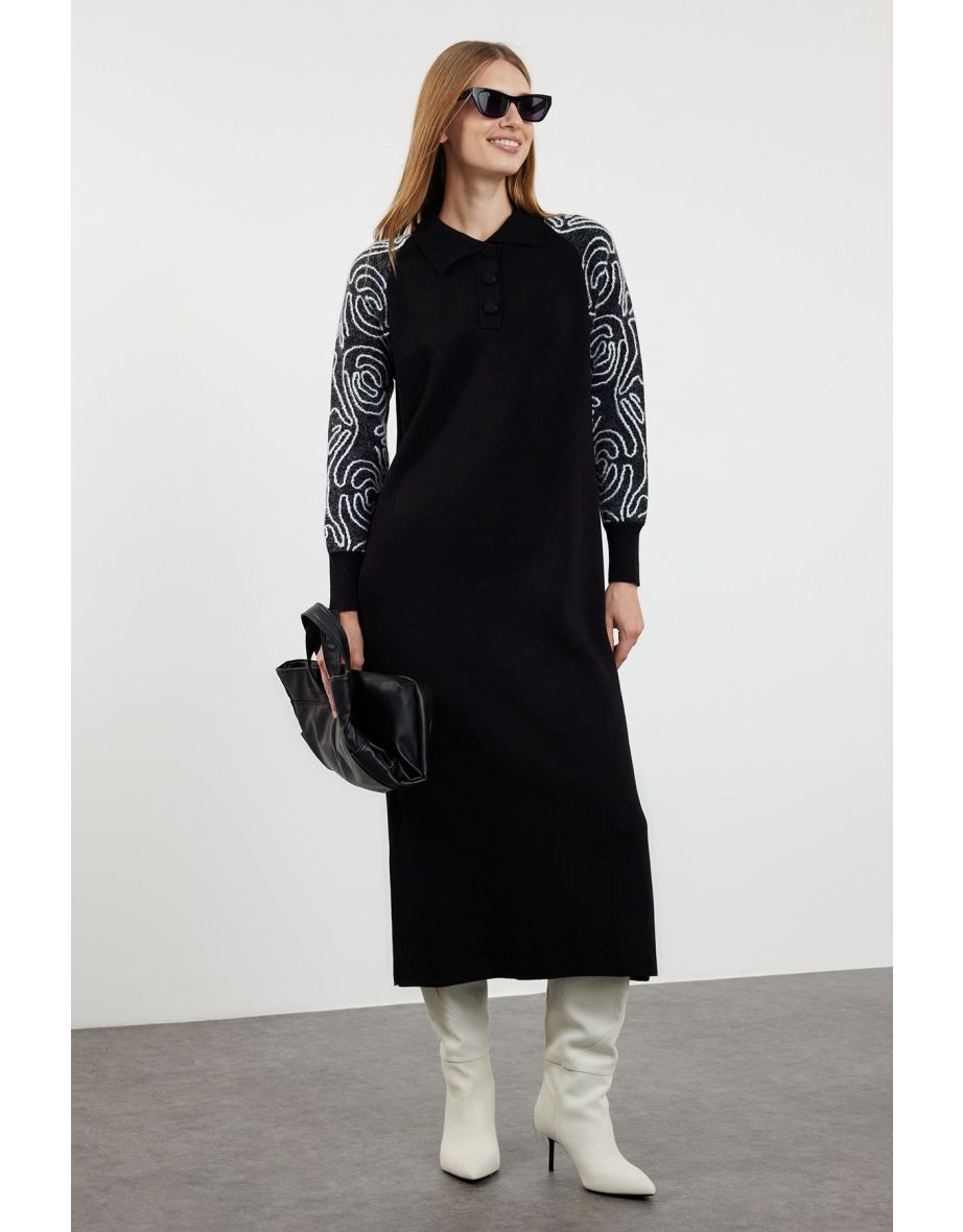Black Polo Neck Sleeves Patterned Knitwear Dress