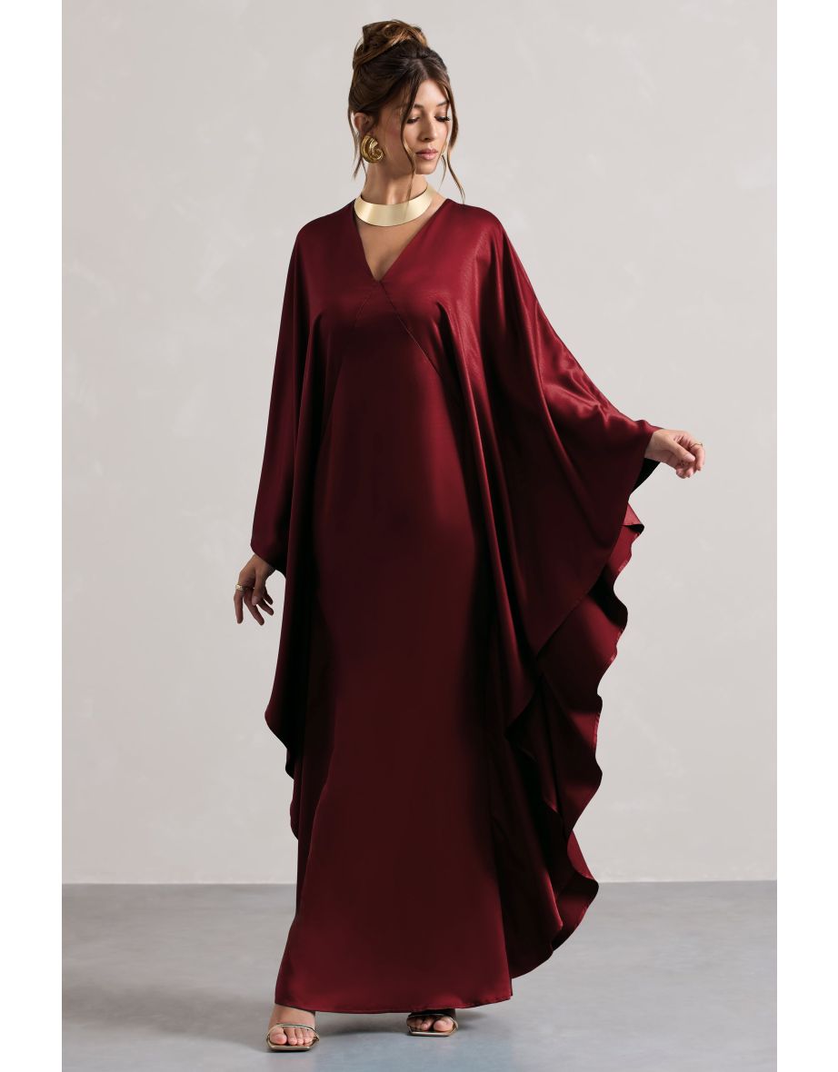 Alohi | Berry Satin Plunge Cape Maxi Dress